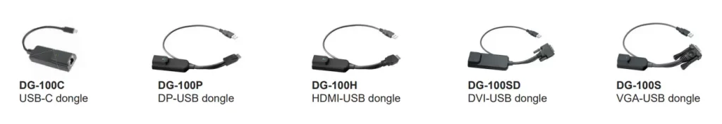 Các loại cáp chuyển đổi dongle KVM switch series DG-100 gồm USB-C DG-100C, DisplayPort DG-100P, HDMI DG-100H, DVI DG-100SD và VGA DG-100S.