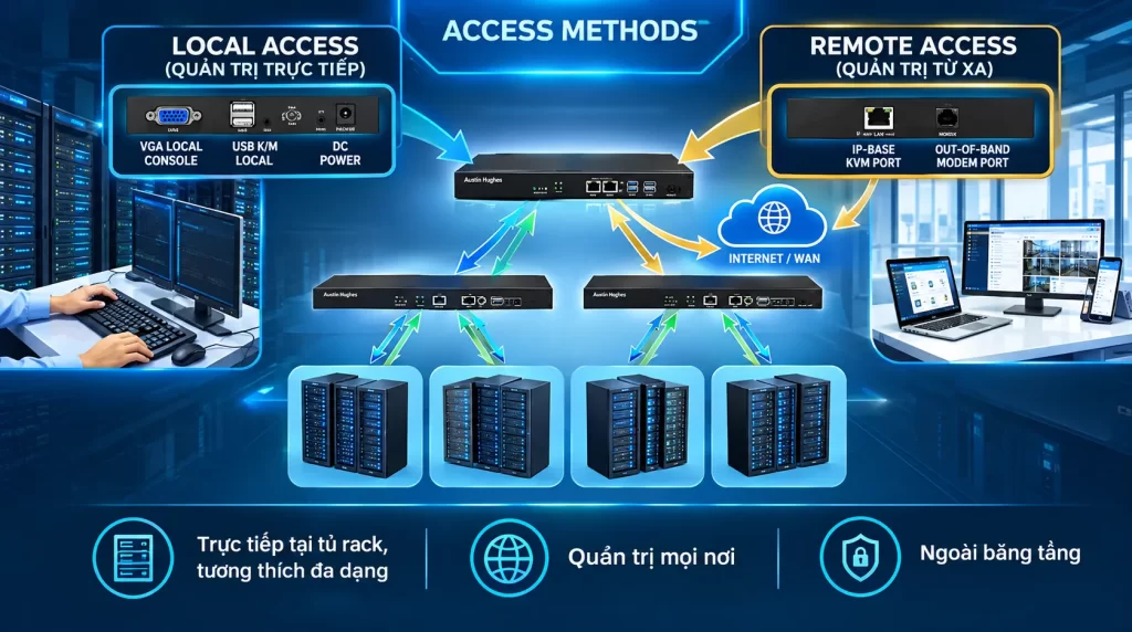 Sơ đồ giải thích các phương thức truy cập (Local Access & Remote Access) cho hệ thống KVM Switch của Austin Hughes, hiển thị các cổng kết nối và kịch bản sử dụng thực tế.