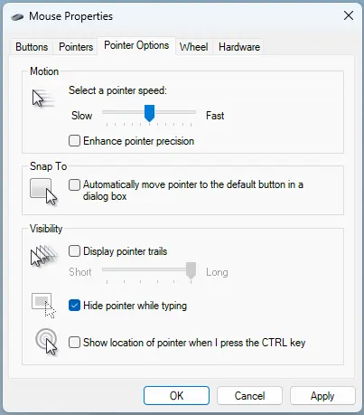 Cửa sổ Mouse Properties trên Windows ở tab Pointer Options với thiết lập tắt Enhance pointer precision để đồng bộ chuột KVM over IP.