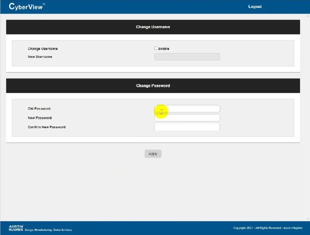 Giao diện đổi tên người dùng và mật khẩu đăng nhập lần đầu tiên Change Password trên trình quản trị web KVM switch CyberView Austin Hughes.