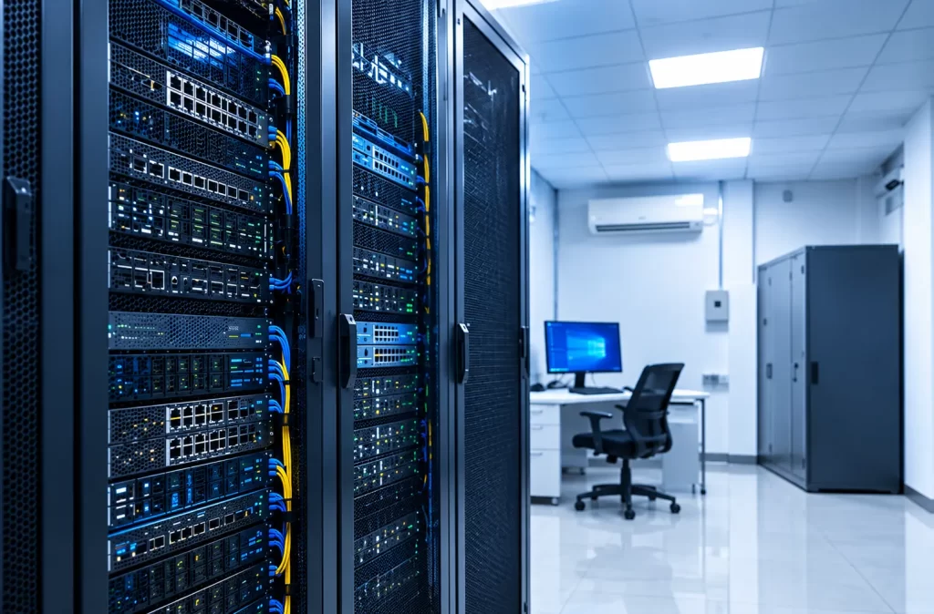 Hệ thống tủ rack máy chủ server và thiết bị mạng switch được đi dây gọn gàng trong phòng trung tâm dữ liệu data center hiện đại.