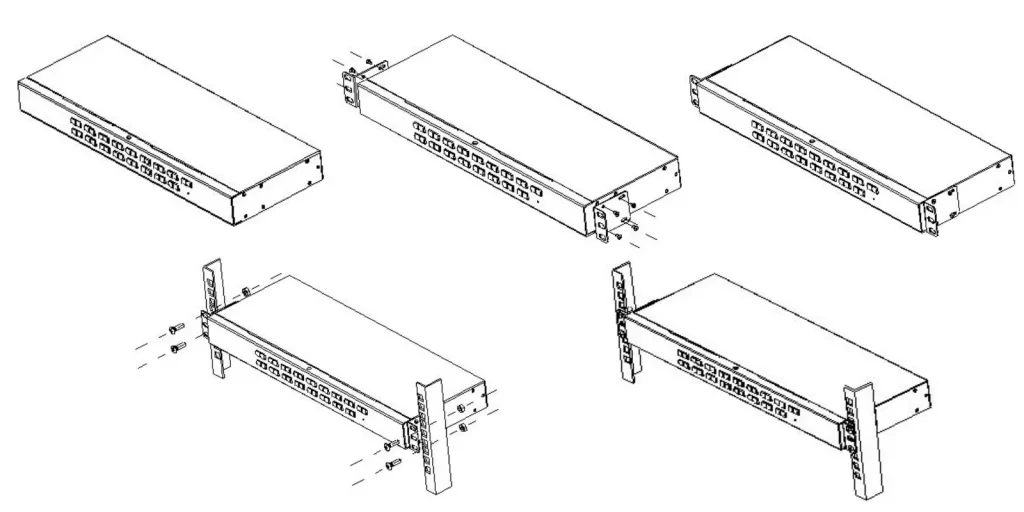 Sơ đồ từng bước hướng dẫn lắp tai bắt rack và cố định thiết bị KVM switch Angustos chuẩn 1U vào thanh ray tủ mạng tủ rack.