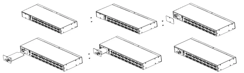 Sơ đồ kỹ thuật hướng dẫn 6 bước thao tác tháo nắp đậy bảo vệ và lắp đặt card module IP vào khe cắm mở rộng của KVM switch.