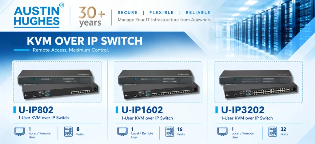 Dòng thiết bị KVM over IP Switch của hãng Austin Hughes gồm 3 model U-IP802 8 cổng, U-IP1602 16 cổng và U-IP3202 32 cổng hỗ trợ quản trị từ xa