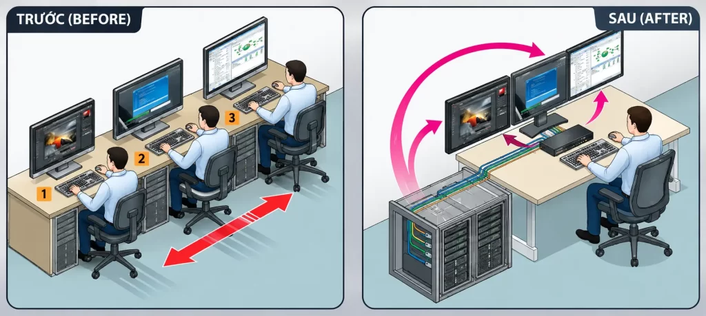 Hình ảnh so sánh trước và sau khi lắp đặt KVM Switch: giảm số lượng bàn phím, chuột và gom server vào tủ rack giúp một người quản trị điều khiển nhiều màn hình dễ dàng.