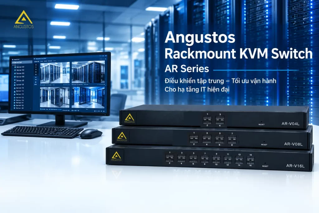 Banner giới thiệu dòng thiết bị Angustos Rackmount KVM Switch AR Series gồm các model AR-V04L, AR-V08L và AR-V16L giải pháp điều khiển máy chủ tập trung.