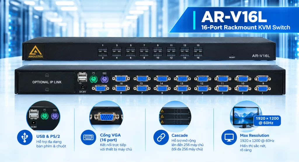 Thiết bị KVM Switch Angustos AR-V16L 16 cổng Rackmount hỗ trợ kết nối VGA, USB, PS/2, độ phân giải 1920x1080 và mở rộng cascade 256 máy chủ.