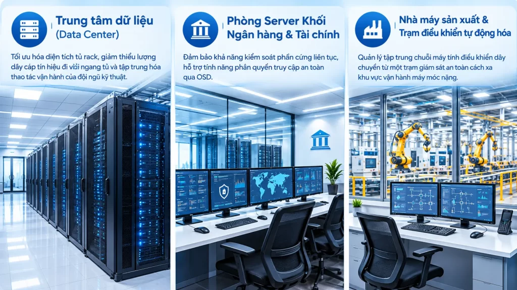 Hình ảnh minh họa 3 ứng dụng chính của KVM Switch bao gồm Trung tâm dữ liệu Data Center, Phòng Server Ngân hàng Tài chính và Nhà máy sản xuất tự động hóa.